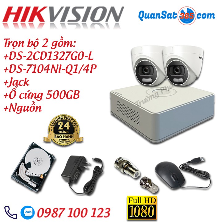 Trọn Bộ (2-8) Camera IP HIKVISION POE 2MP Full Màu 24/24 DS-2CD1327G0-L - Full Phụ Kiện - Hàng Chính Hãng