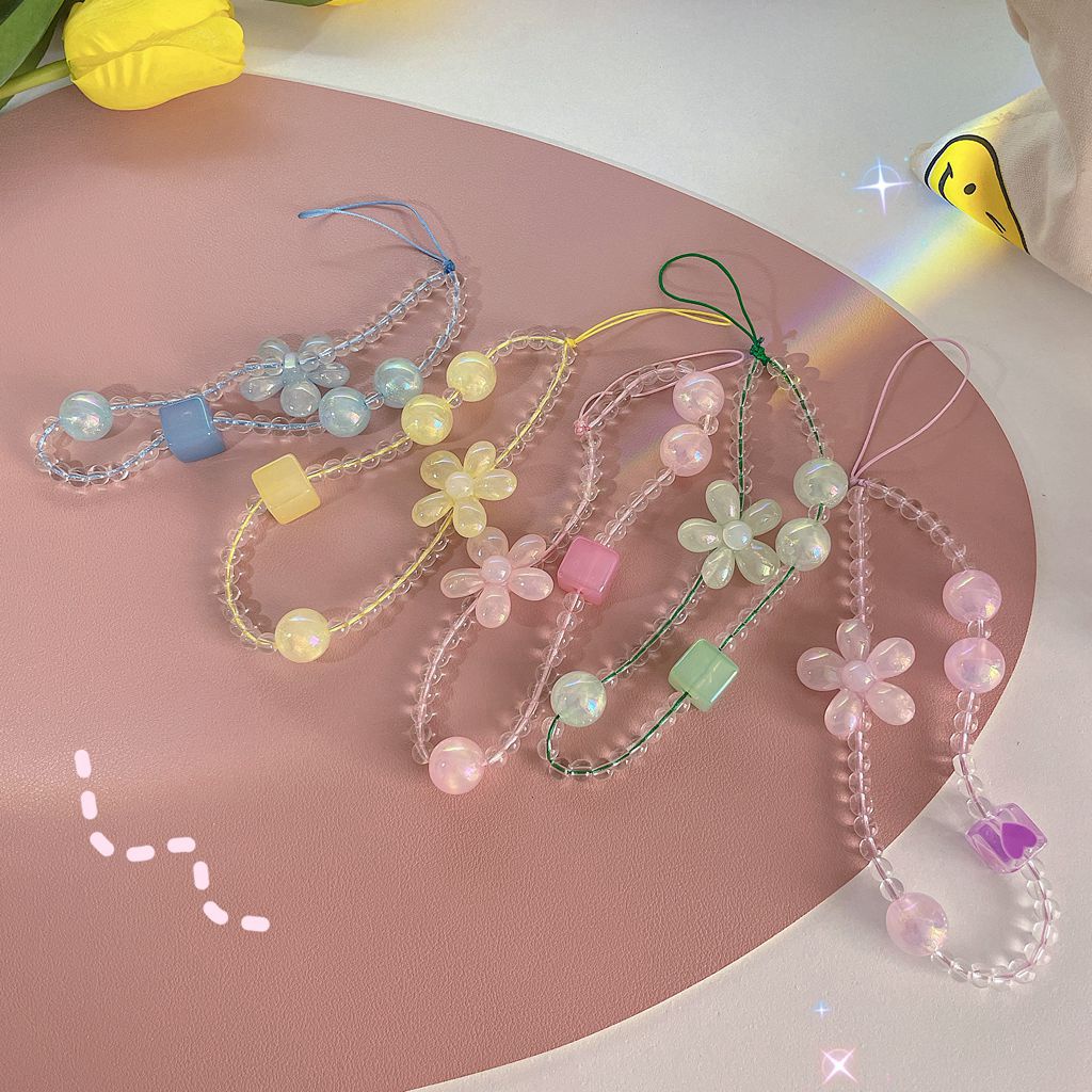 Dây đeo điện thoại nhiều màu đính cườm bông hoa trái tim đa năng cho cho tai nghe bluetooth ID móc khóa