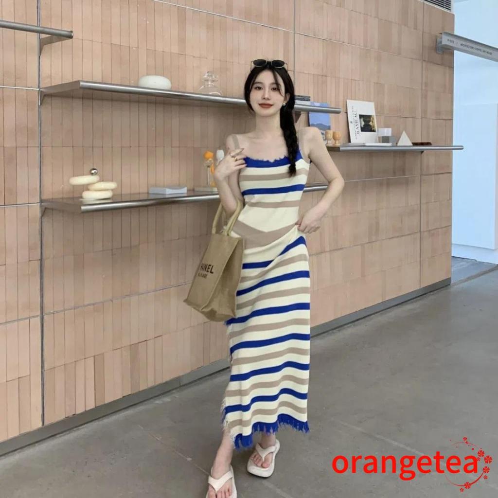 Đầm Dài Dệt Kim Không Tay Họa Tiết Sọc Thời Trang Dành Cho Nữ