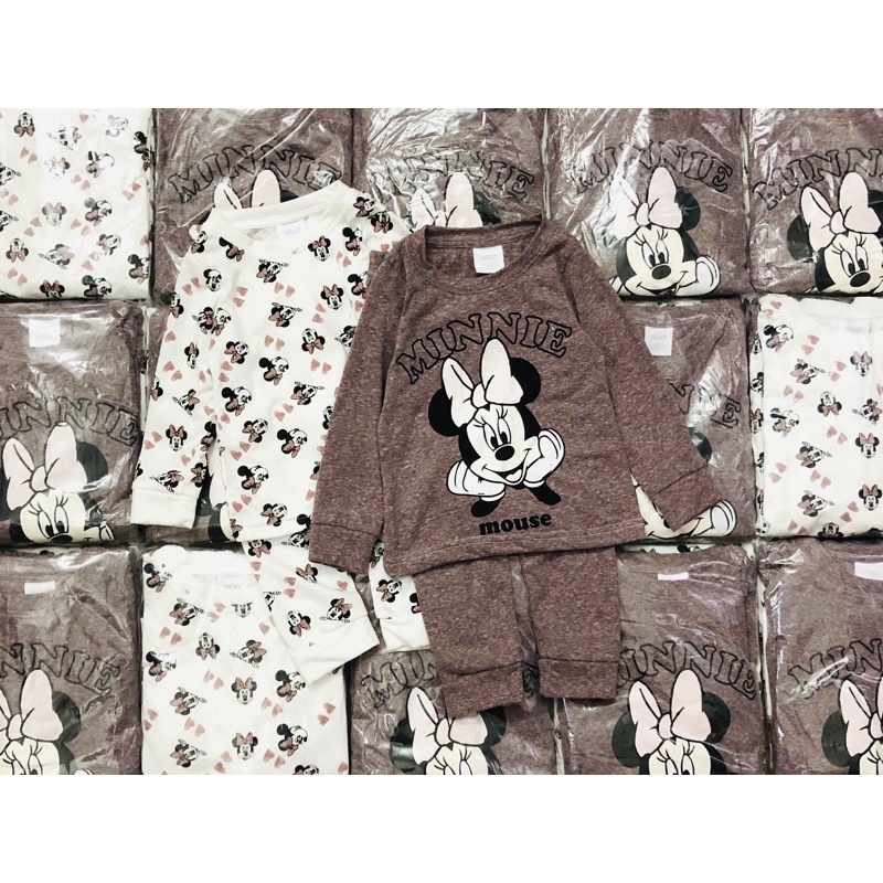 Set 2 bộ cotton dài tay cho bé gái in hình minnie nâu trắng