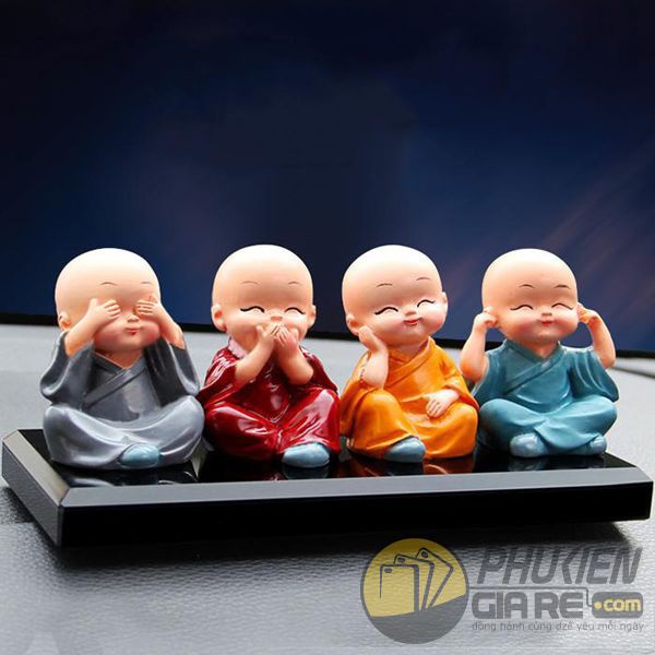 Bộ Tượng Chú Tiểu Hòa Thượng Tứ Không - Phật Phong Thủy Mini 4 Tư Thế, Trang Trí Xe Hơi, Để Bàn Làm Việc