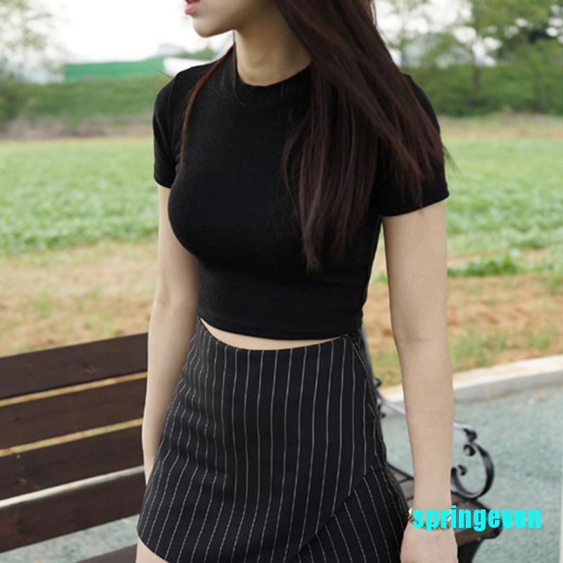 Áo Thun Crop Top Tay Ngắn Cổ Tròn Màu Trơn Thời Trang Mùa Xuân Cho Nữ