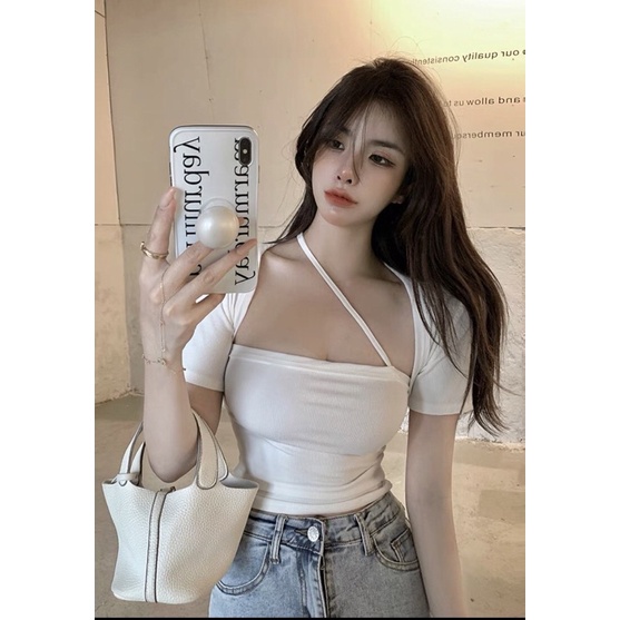 Áo kiểu croptop tay ngắn phối dây chéo cho nữ sexy