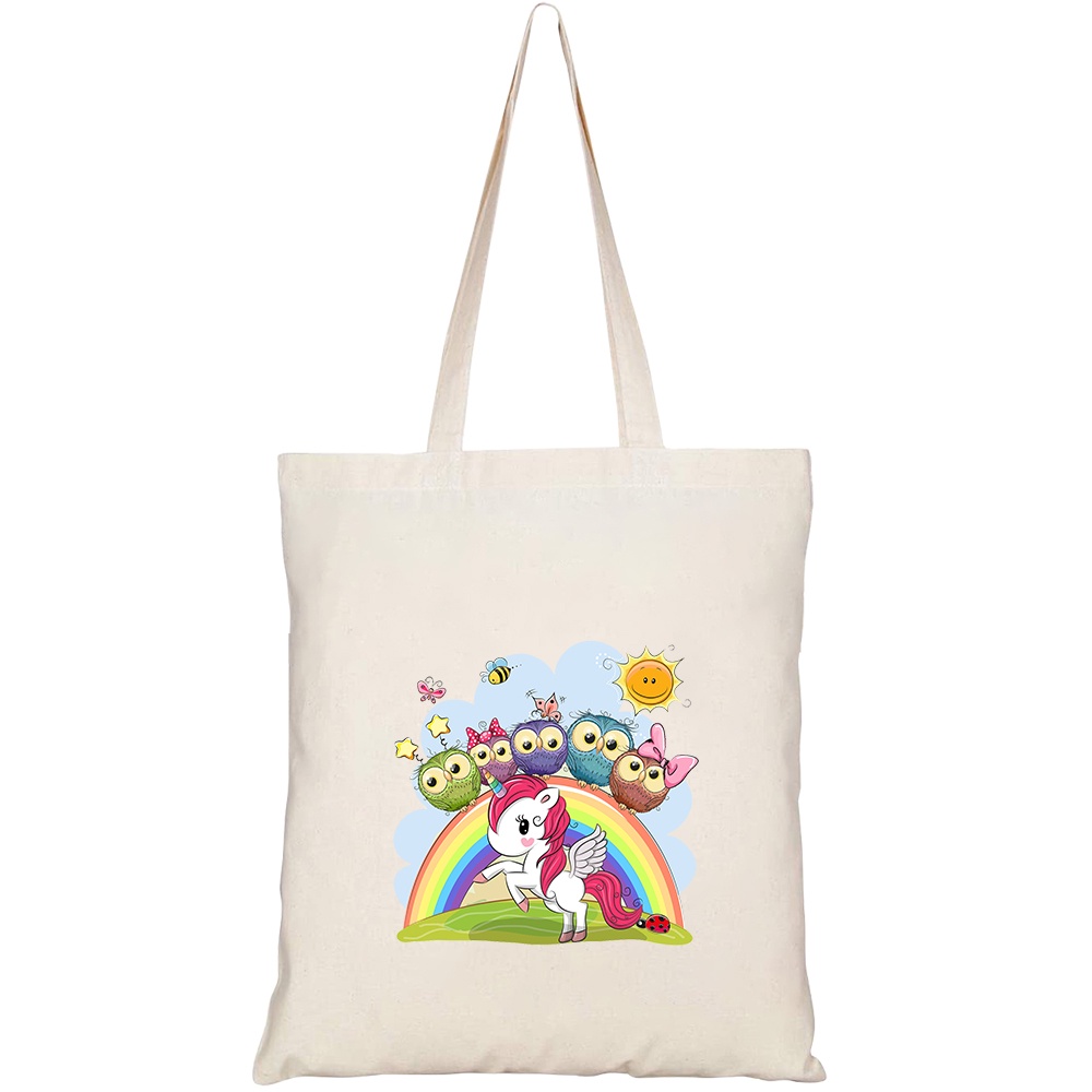 Túi vải tote canvas HTFashion in hình cartoon unicorn five cute owls HT543