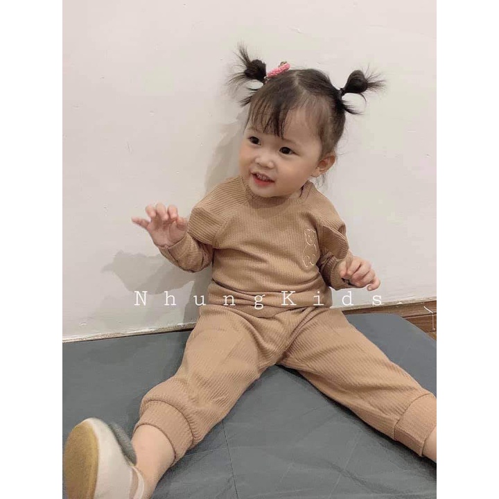 Bộ Mặc Nhà Cotton Tổ Ong Tai Gấu Cao Cấp Cho Bé 4-16kg (Hàng loại 1)