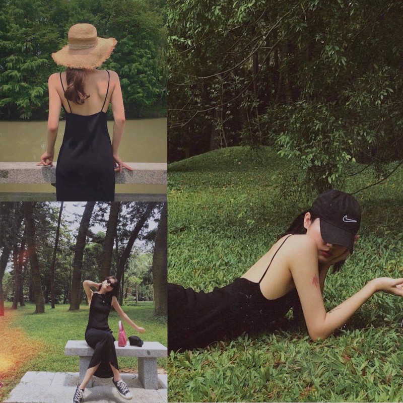 Váy 🌸FREESHIP🌸 Váy 2 dây maxi cotton hở lưng dáng ôm màu đen trơn thiết kế sexy Ulzzang HOT siêu sang chảnh