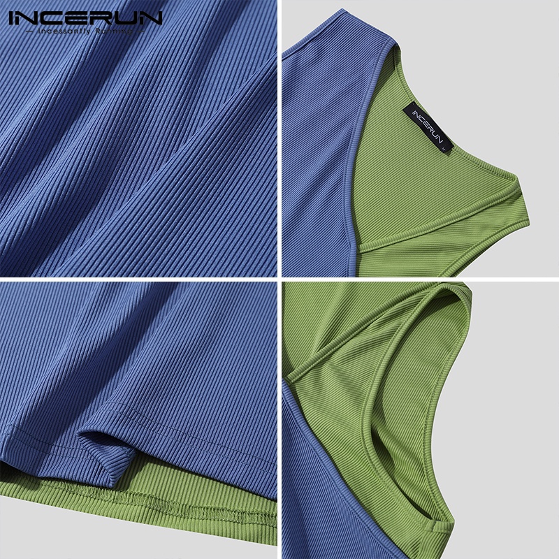 Áo ba lỗ INCERUN dáng ôm phối màu tương phản thời trang thường ngày cho nam