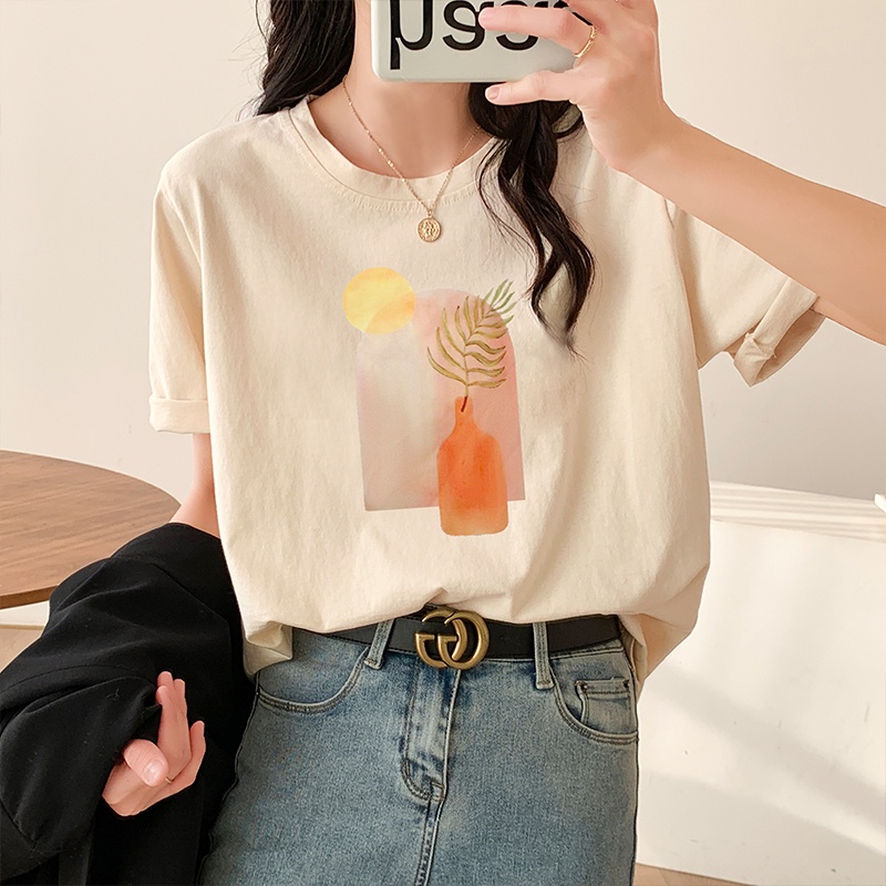 Áo Thun Tay Ngắn Cổ Tròn Trễ Vai In Họa Tiết Thời Trang Mùa Hè Dành Cho Nữ 52746