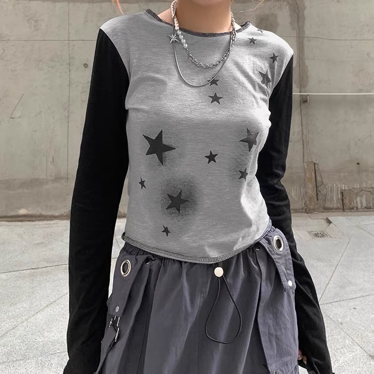 Áo Thun Crop Top Tay Dài Cổ Tròn In Hình Ngôi Sao Màu Xám Phong Cách Harajuku ODokey-Y2K Thời Trang Xuân Thu Cho Nữ