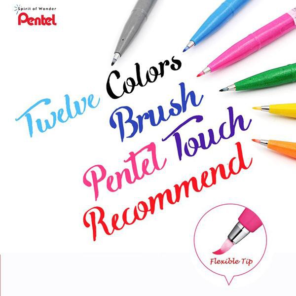 Bộ 12 chiếc BÚT VIẾT THƯ PHÁP PENTEL FUDE TOUCH SIGN PEN, Brush pen NHIỀU MÀU - Colouring brush sign pen