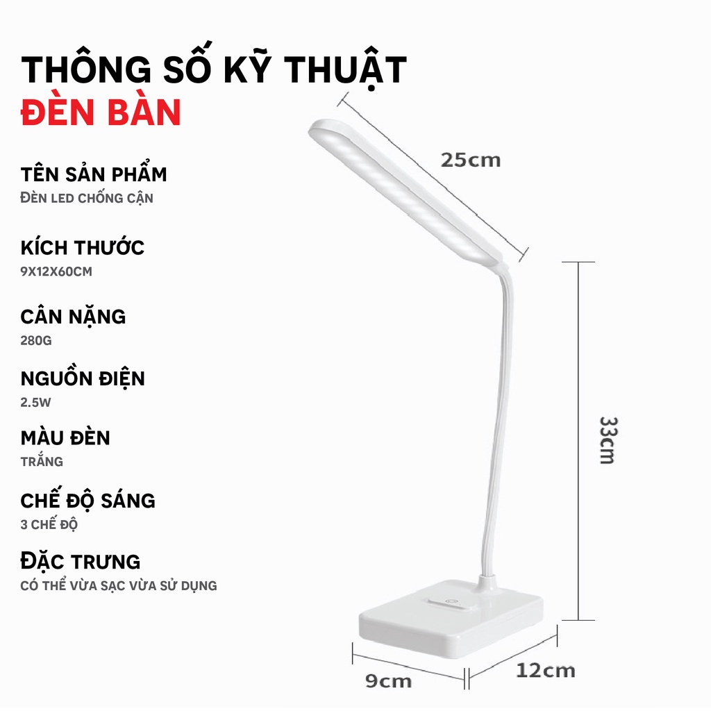 Đèn học để bàn chống cận 3 chế độ ánh sáng - Đèn bàn Led tích điện đa năng hỗ trợ đọc sách, làm việc, trang trí