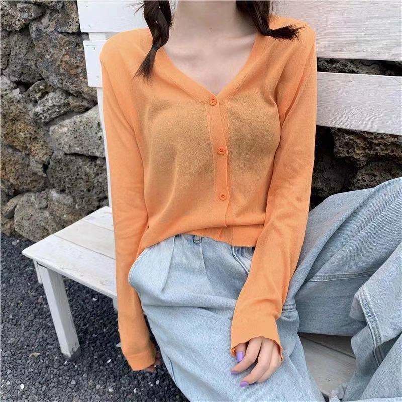 Áo Cardigan Dệt Kim Mỏng Tay Dài Cổ Chữ V Thời Trang Mùa Hè Phong Cách Hàn Quốc Cho Nữ