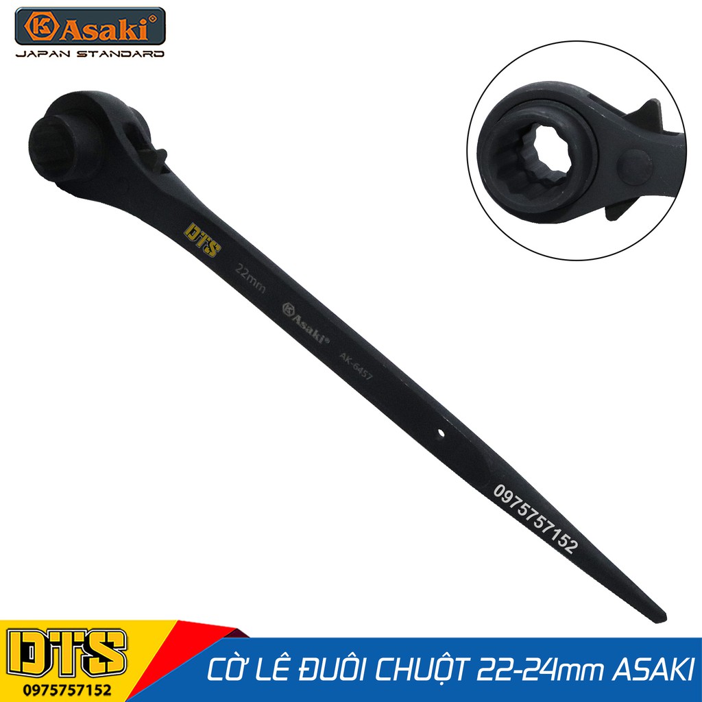 Cờ lê đuôi chuột cao cấp 22-24 mm Asaki AK-6457, cờ lê giàn giáo 2 đầu tự động thép Chrome Vanadium, công tắc đảo chiều