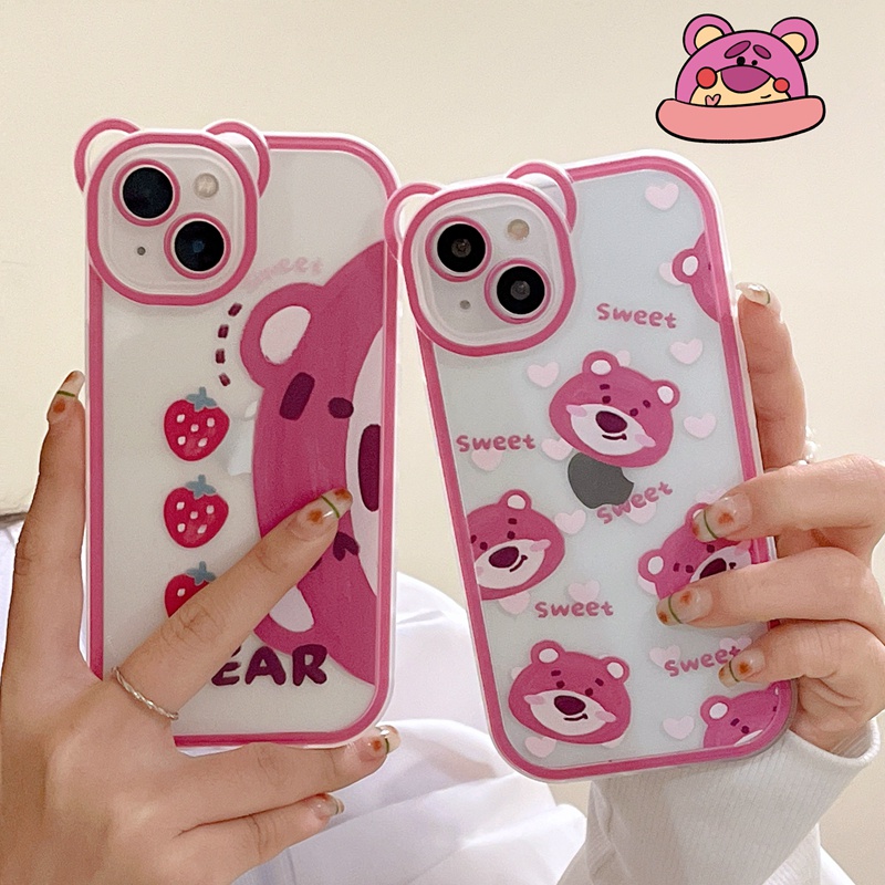 Ốp Điện Thoại Trong Suốt Họa Tiết Gấu Và Dâu Tây Dễ Thương Cho iPhone 13 Pro Max 12 Pro Max 11 X XS Max Xr XS