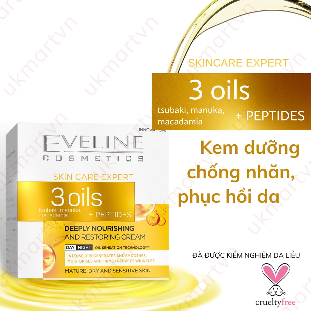 Kem Dưỡng Eveline Skin Care Expert 3 Oils + Peptides Chống Nhăn, Phục Hồi Da 50ml