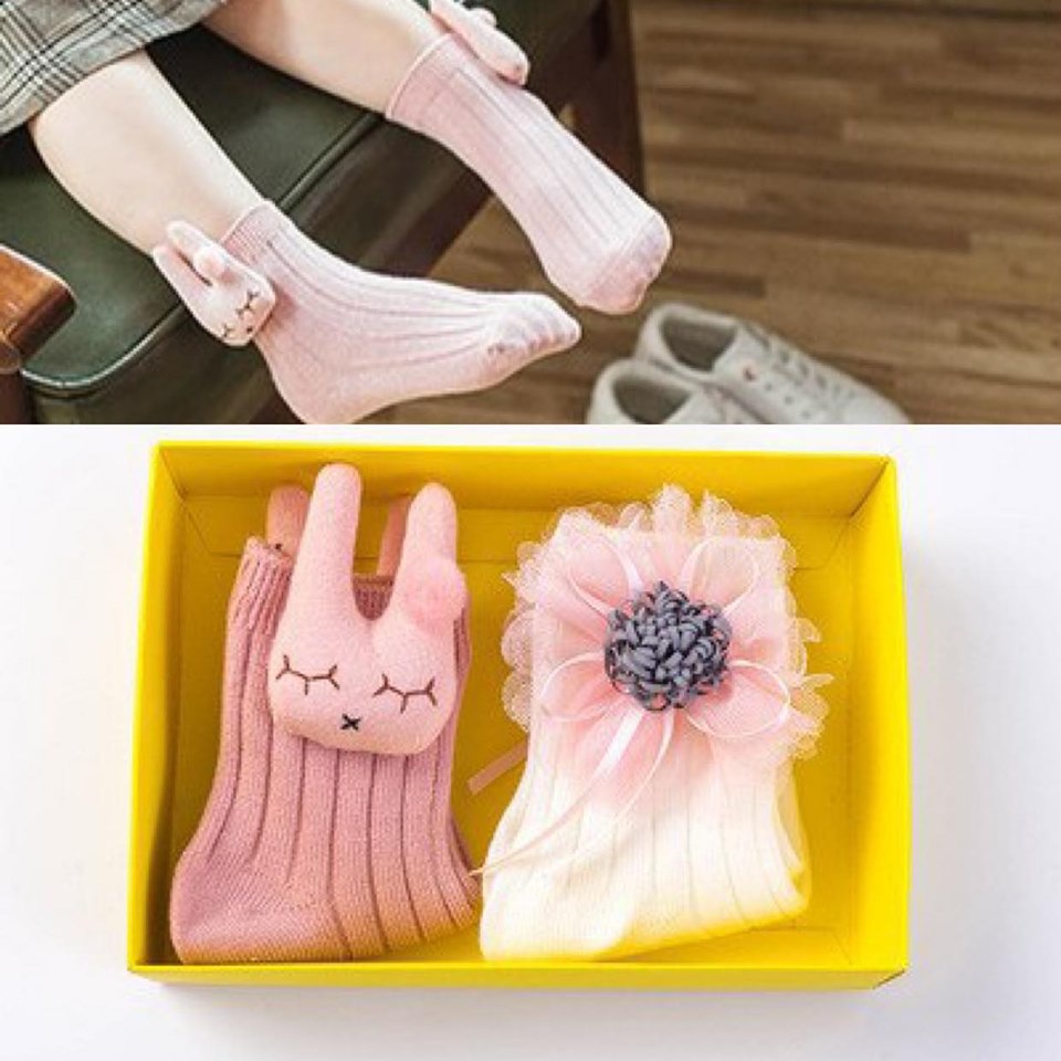 Hộp 2 đôi tất cao thỏ hoa cho bé