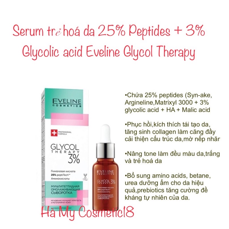Serum Eveline Glycol Therapy 25% Peptides 3% Glycolic phục hồi, trẻ hoá, cho da căng láng
