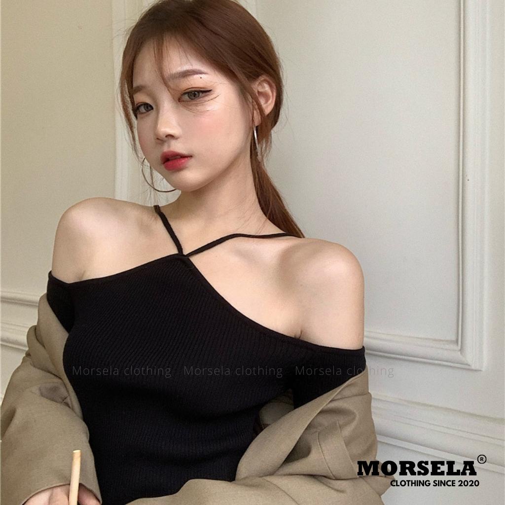 MORSELA® chính hãng - Áo croptop nữ 2 dây cổ yếm trễ vai ôm body tay dài - Áo yếm bẹt vai
