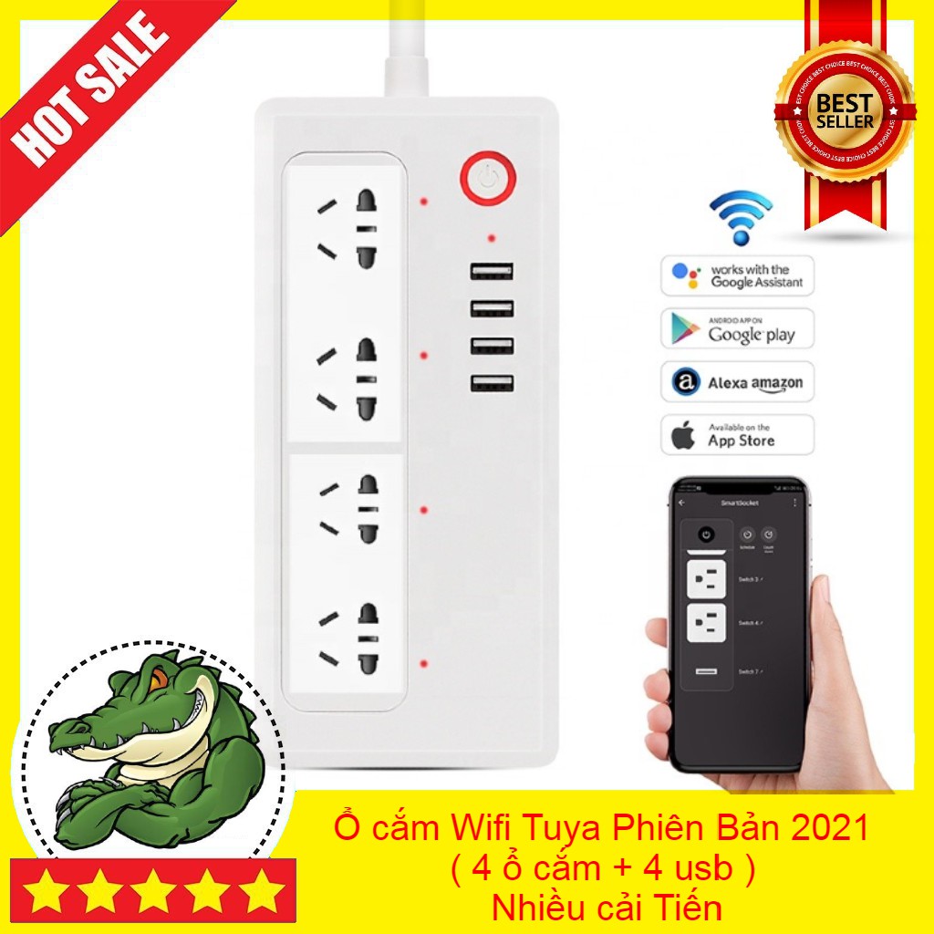 Ổ cắm nối dài thông minh Tuya Smart - Hẹn giờ bật tắt từng ổ qua App, 4 lỗ cắm và 4 cổng USB, bản đẹp 2021