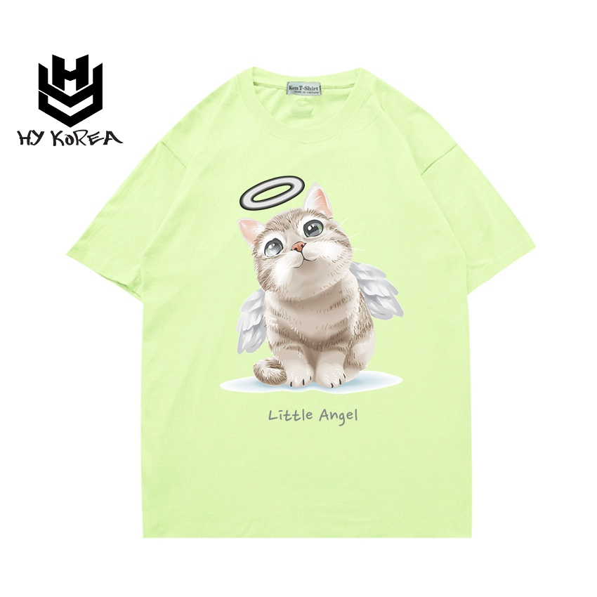 Áo thun nữ cute tay ngắn HY KOREA Vải cotton 75 dày form rộng in hình Mèo Angel 507