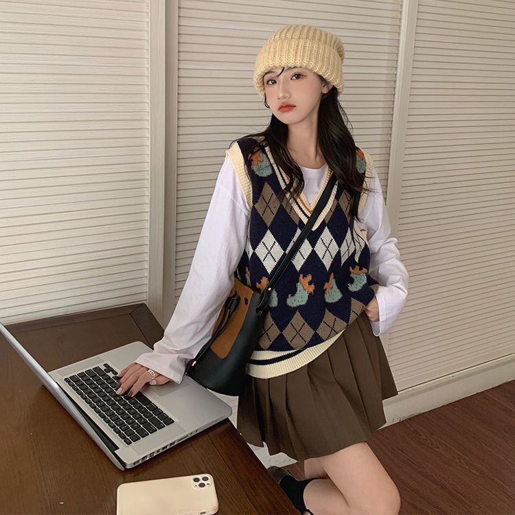 Áo Dệt Kim Cổ Chữ V Dáng Rộng Phong Cách Học Sinh Thời Trang Mới Cho Nữ