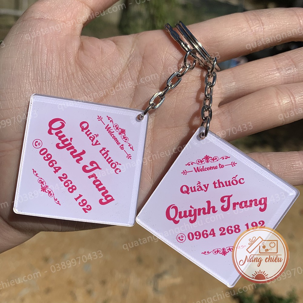 Móc khóa logo cho quầy thuốc, logo doanh nghiệp, chất liệu mica, in logo theo yêu cầu của khách hàng