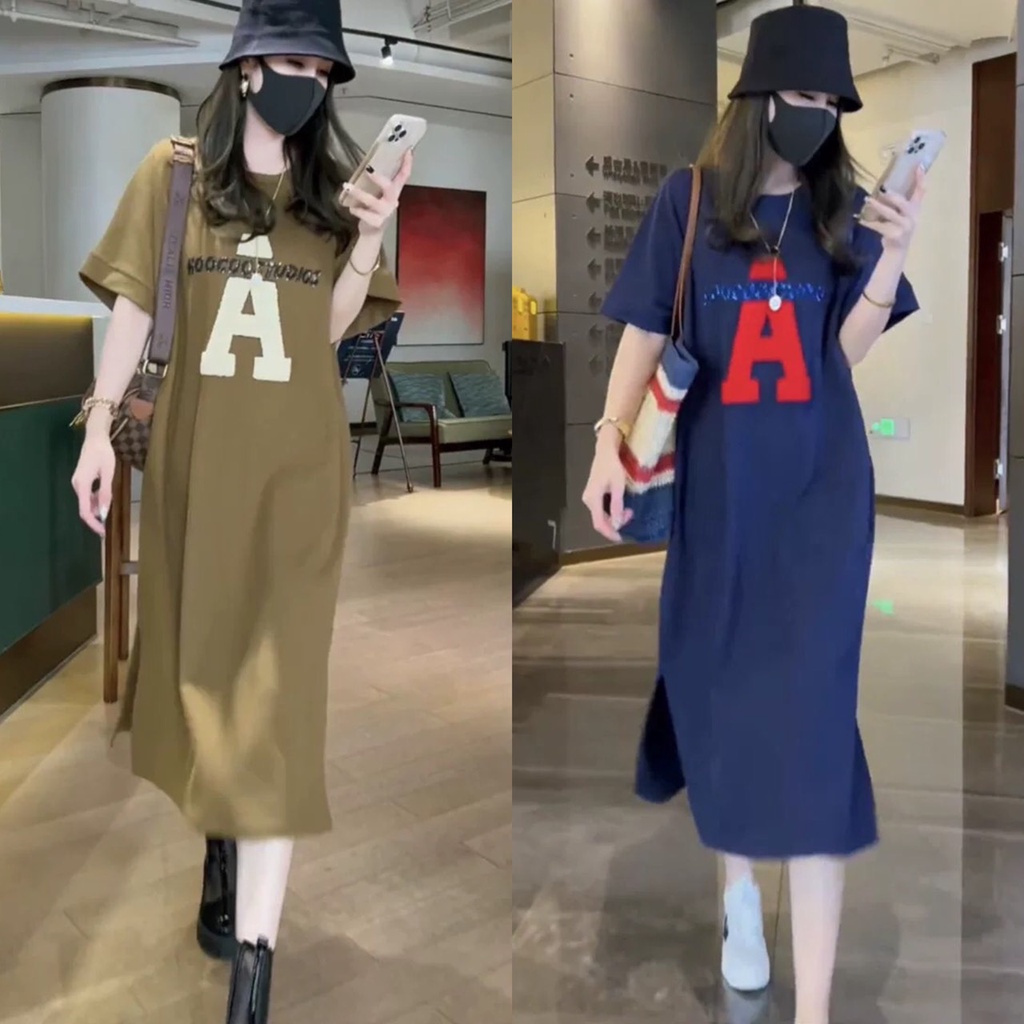Đầm suông chất cotton cổ tròn in hoạ tiết chữ A dáng dài - Đầm ngủ thun co dãn from rộng hình CHỮ A xinh xắn
