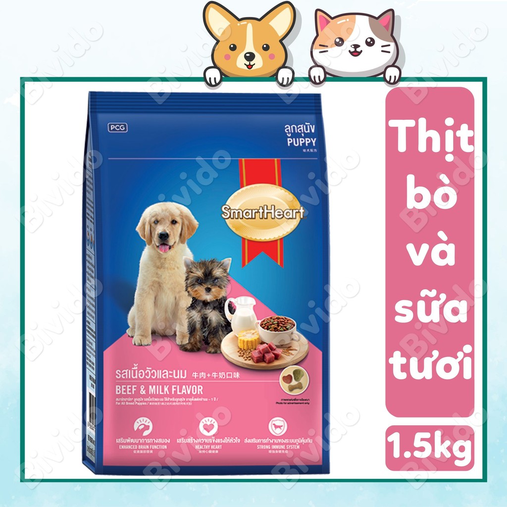 Thức ăn chó con Smartheart Puppy vị thịt bò và sữa tươi túi 1.5kg - Bivido