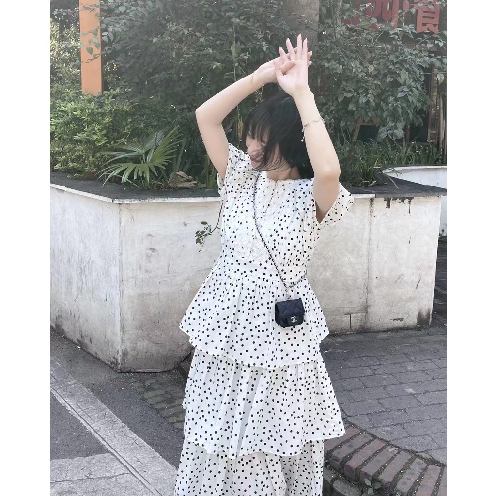 Đầm Tay Ngắn 2022 Họa Tiết Chấm Bi Đen Trắng Thời Trang Xuân Hè Cho Nữ
