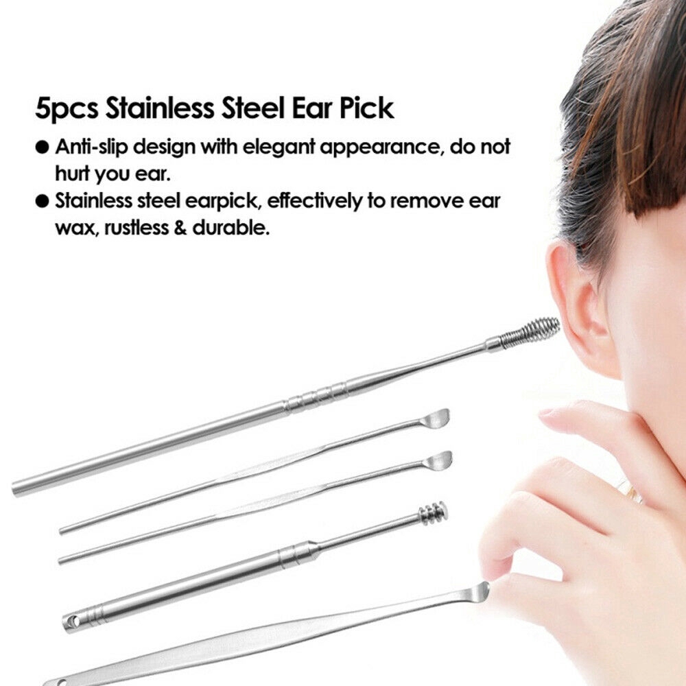 [sweet] 5Pcs/Set Stainless Steel Ear Pick Kit Ear Wax Removal Spiral Ear Picks Curette Remover Cleaner