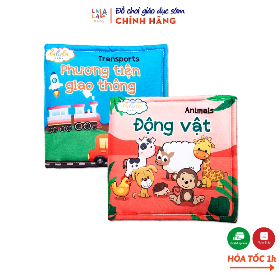 Combo 2 cuốn sách vải Lalala Baby kích thích đa giác quan, kích thước 15x15cm 12 trang (Phương tiện GT, Động vật)