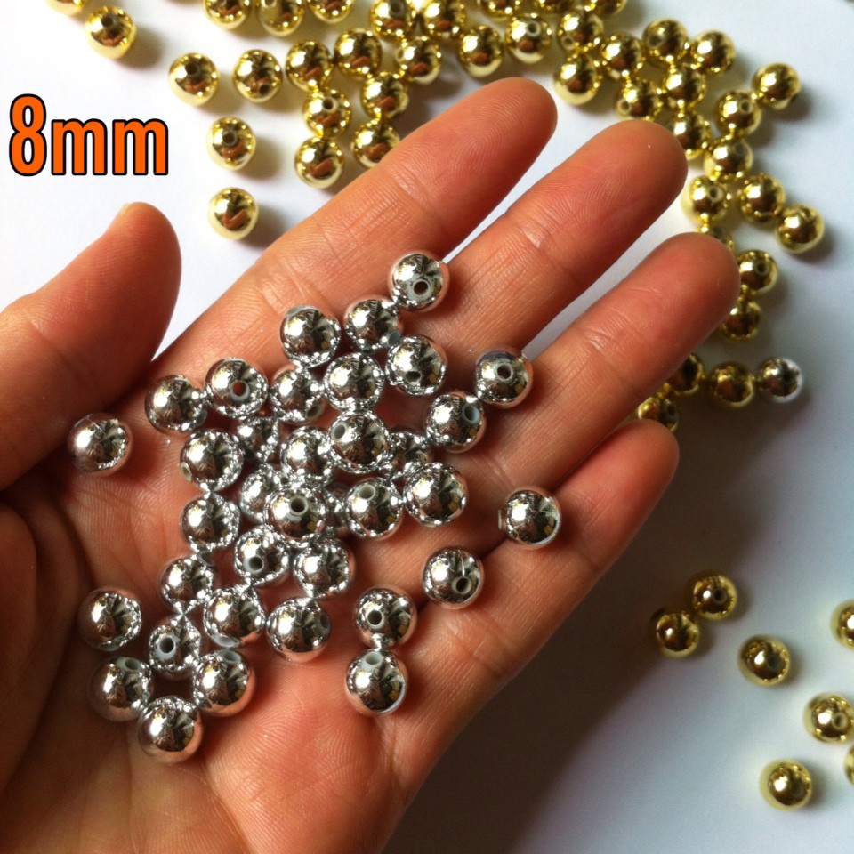 Hạt cườm nhựa phủ màu vàng hoặc bạc size 4-8mm