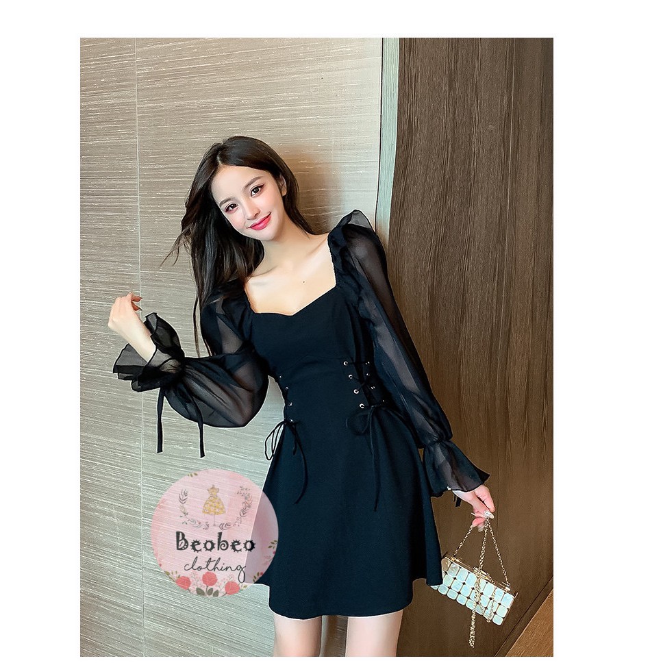 Đầm đen cổ u tay voan phồng đan dây eo vintage