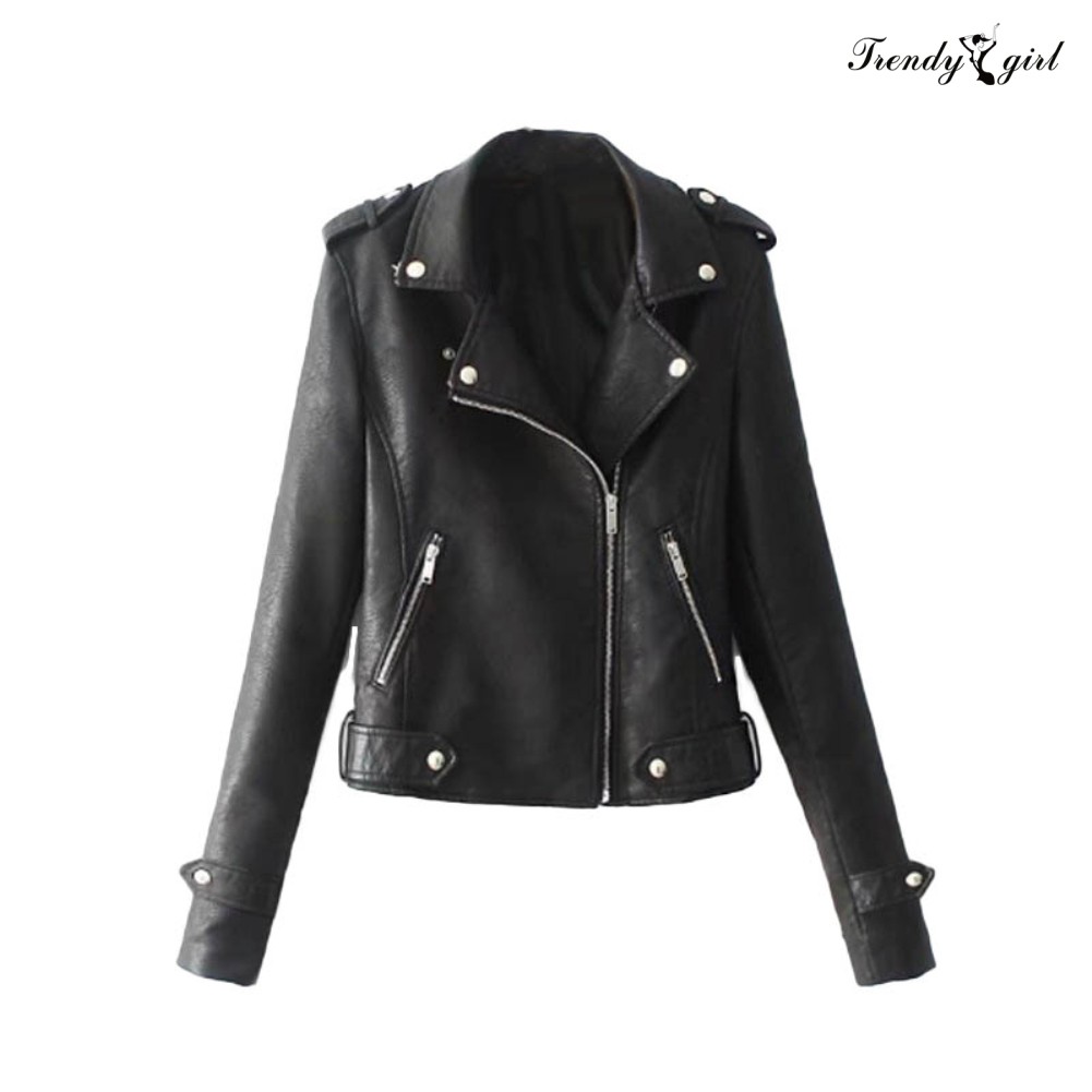Áo khoác da giả tay dài màu trơn thời trang dành cho nữ