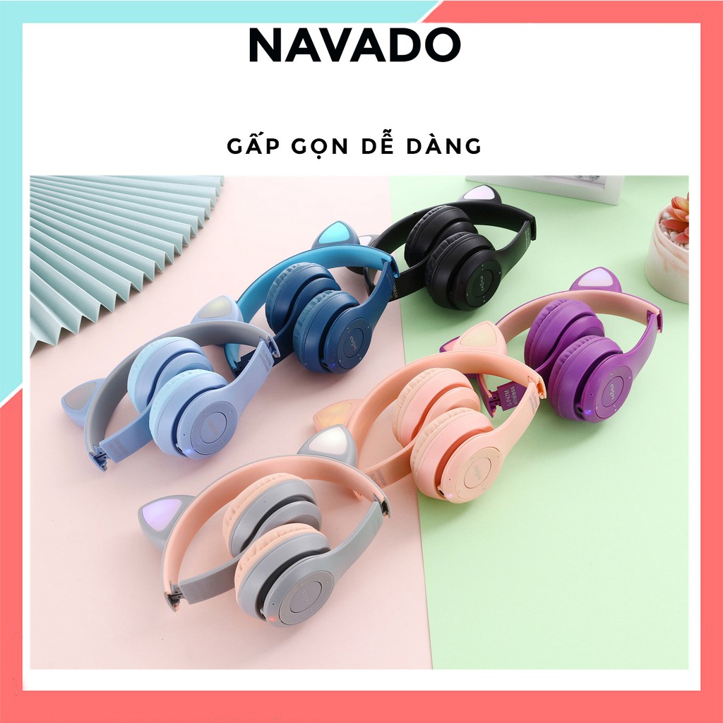 Tai Nghe Bluetooth P47-M Chụp tai có Mic Headphone không dây Dễ Thương tai mèo nghe nhạc, chơi game, cho bà bầu NAVADO