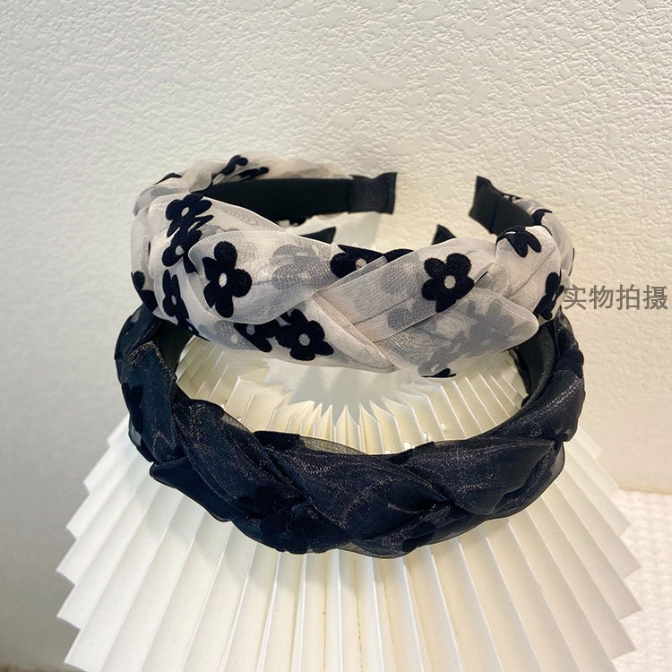 CBT04 Cài tóc nữ cài bện thắt bím voan hoa trắng đen