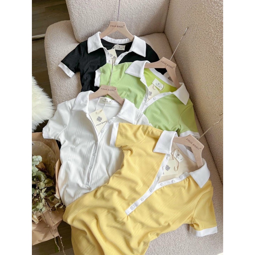 Đầm cổ bẻ ôm body cài nút cổ viền nút màu trắng cực xinh , chất thun gân mềm mịn dày dặn mk