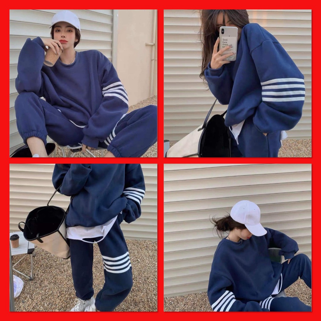 Bộ Nỉ Kẻ Vạch Ngang Nữ [FREESHIP]  Set quần bo gấu kèm áo sweater thể thao kiểu dáng hoodie cá tính Ulzzang