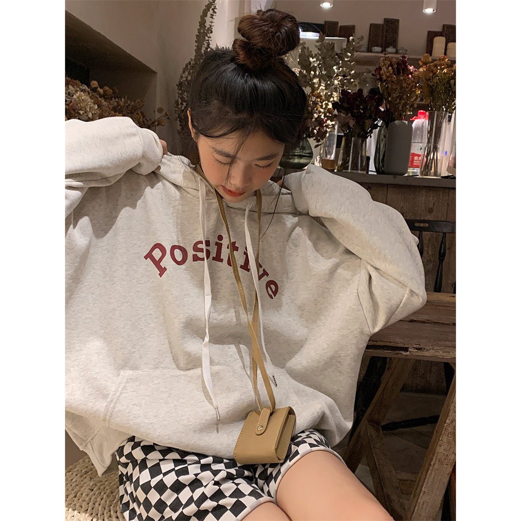 Áo hoodie nữ có mũ POSITIVE form rộng 2 màu xinh xắn/ Áo nỉ mặc thu đông tay bồng có túi trước trẻ trung_xuongmaythuhien | BigBuy360 - bigbuy360.vn