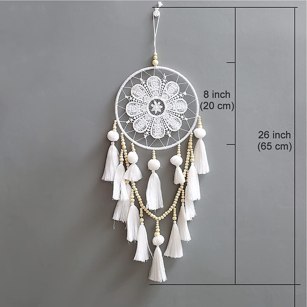 Dreamcatcher có chuỗi hạt gỗ và bông tua rua trắng kiểu Boho treo tường trang trí phòng ngủ bé gái/làm quà sinh nhật