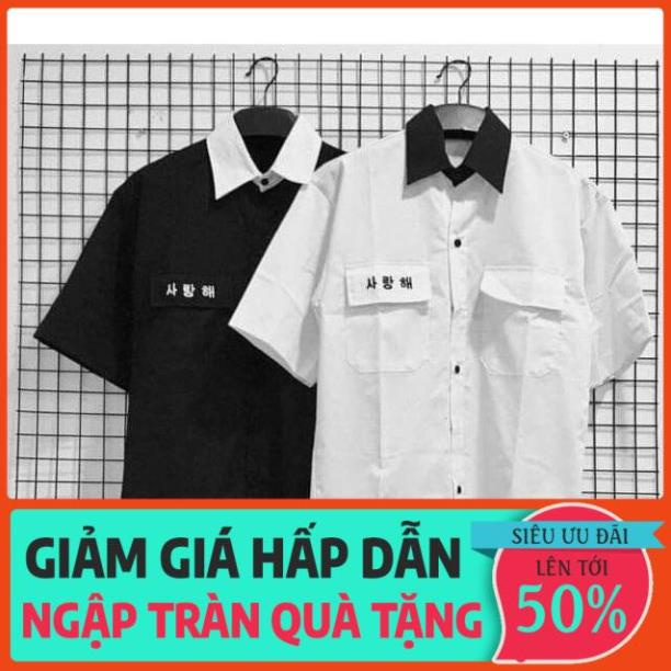 Áo sơ mi ngắn tay Phong cách Học sinh Hàn Quốc 2 Màu Trắng Đen Nam Nữ form dưới 65kg '