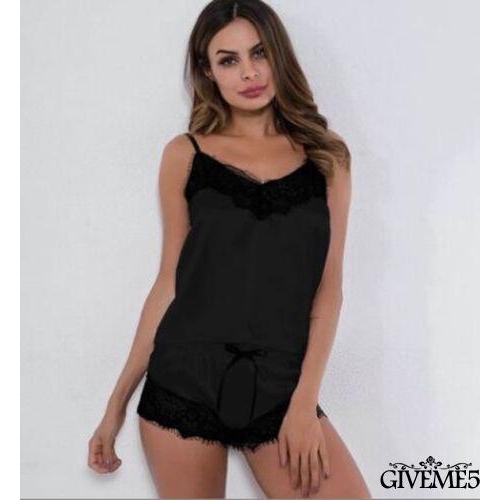 Bộ đồ ngủ satin 2 dây ngắn viền ren đầy xinh xắn cho nữ