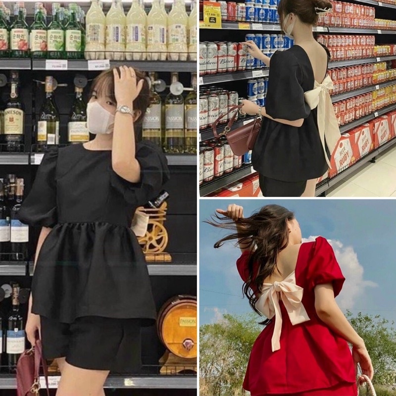 Sẵn  Set áo babydoll đen đỏ tay phồng nơ lưng với quần ngắn