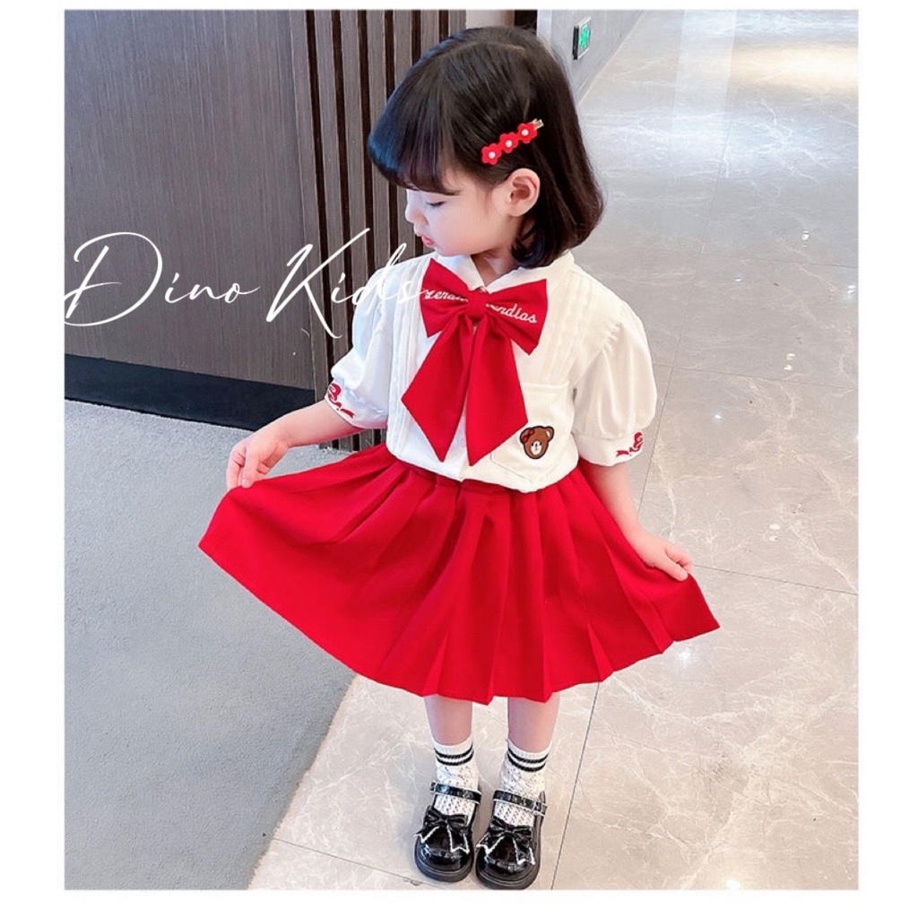 Đồng phục học sinh, set váy 3ct: áo sơ mi trắng thêu mặt gấu, chân váy xếp ly và nơ siêu xinh cho bé gái size 12-24kg