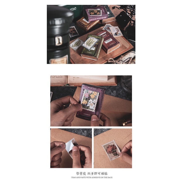 Hộp gồm 100 tem dán dùng trang trí hoặc làm phụ kiện chụp ảnh với kiểu dáng cổ điển đẹp mắt