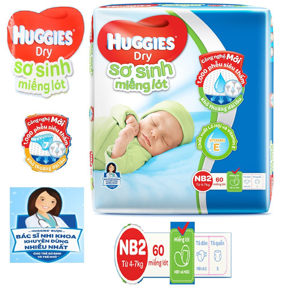 Miếng lót Sơ Sinh Huggies NB1 100 miếng/gói , NB2 60 miếng/gói