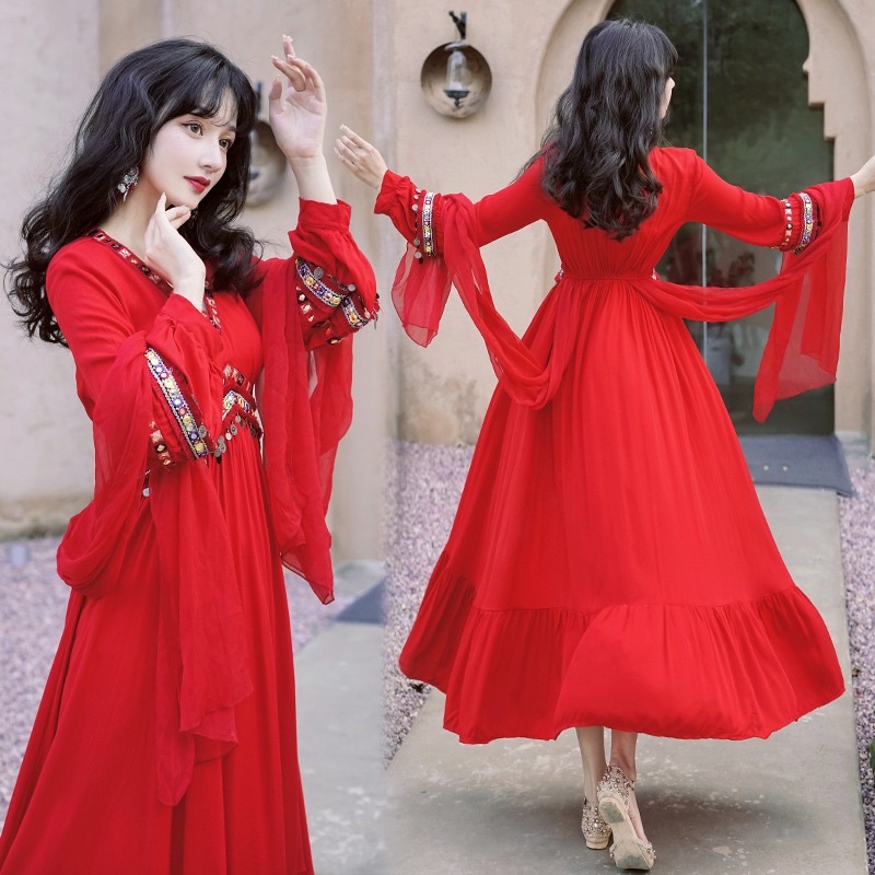 Váy Boho Đỏ Phong Cách Vintage Ấn Độ