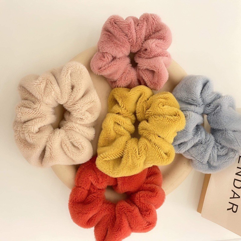 Chun cột tóc Scrunchies lông mầu ấm áp