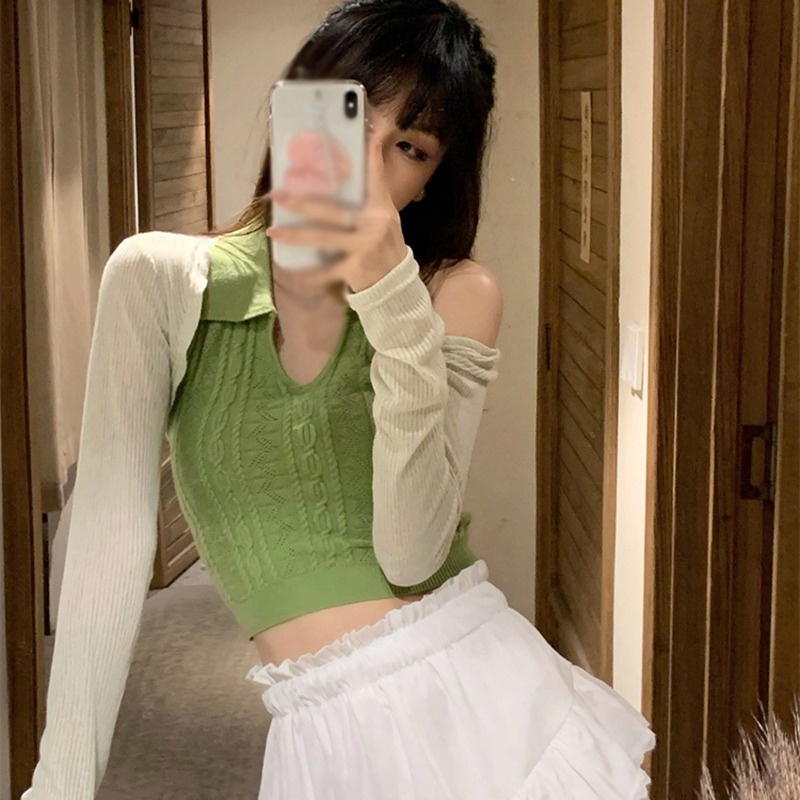 Set Áo Cardigan Dệt Kim + Áo Hai Dây Ngắn Cổ Chữ V Màu Trơn Phong Cách Hàn Quốc Thời Trang Cho Nữ