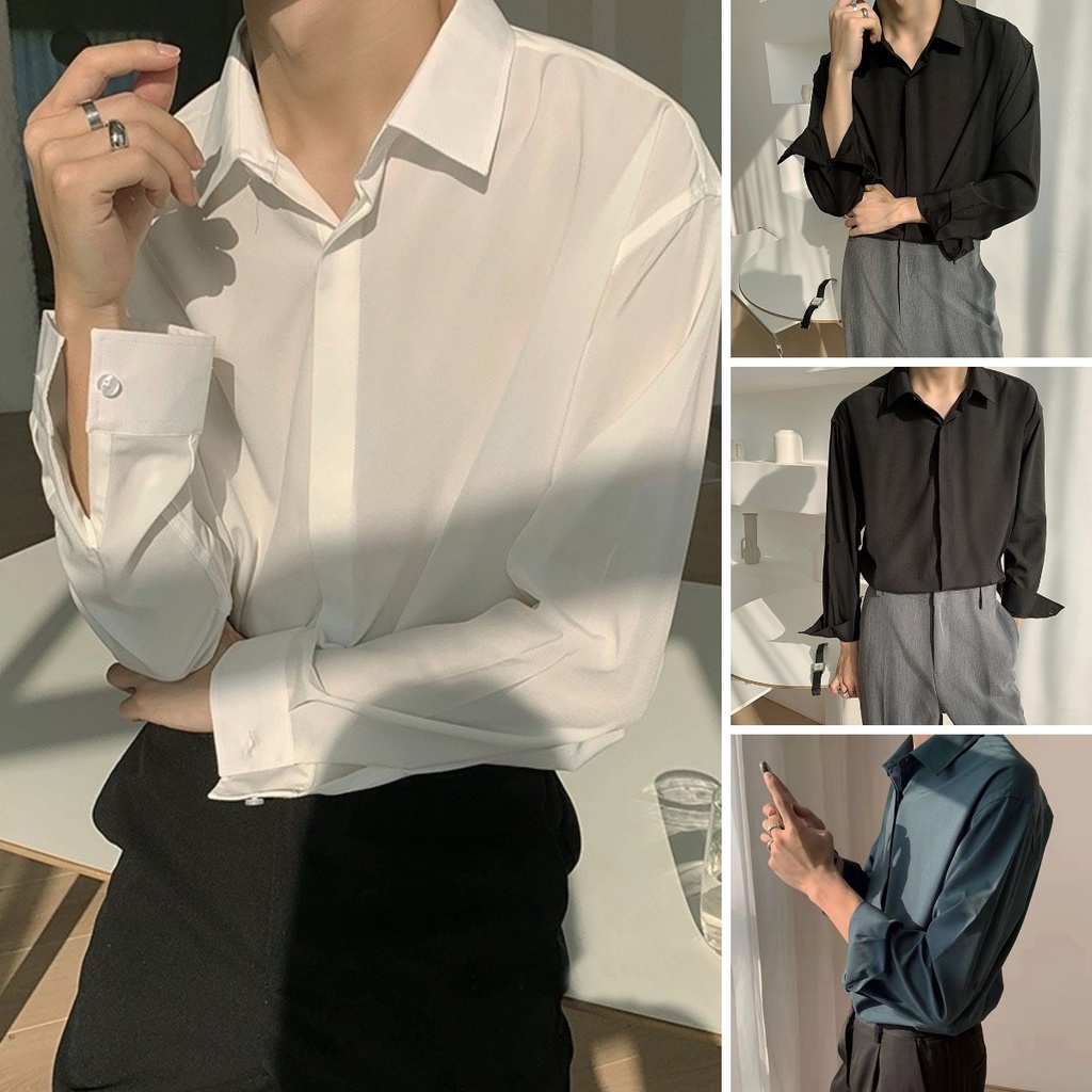 Áo Sơ Mi Trơn Dáng Rộng Thời Trang Hàn Quốc Dành Cho Nam áo sơ mi vintage Sơ Mi Tay Dài Vải Lụa Thời Trang Hàn Quốc Cao Cấp Cho Nam